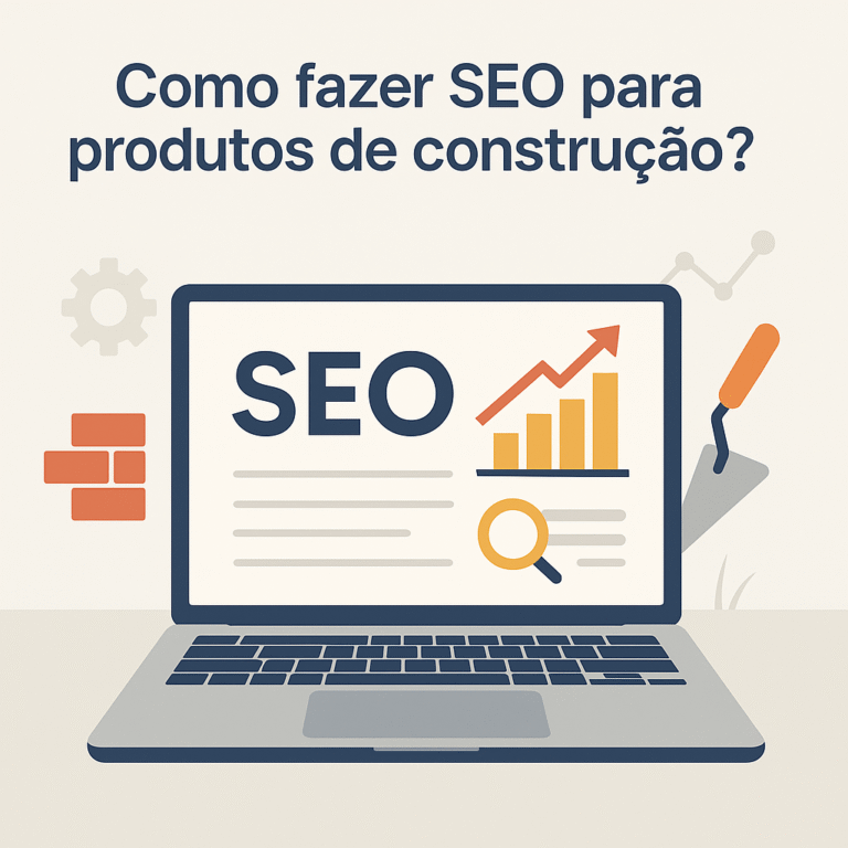 Ilustração digital com laptop exibindo conteúdo de SEO para construção, com ícones de gráfico, lupa, tijolos e ferramenta de pedreiro.