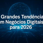 Interface digital com elementos de IA, vídeos curtos e gráficos futuristas