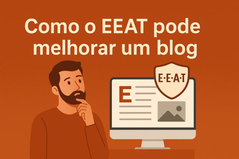 Autor escrevendo em laptop com elementos de SEO e confiança ao redor