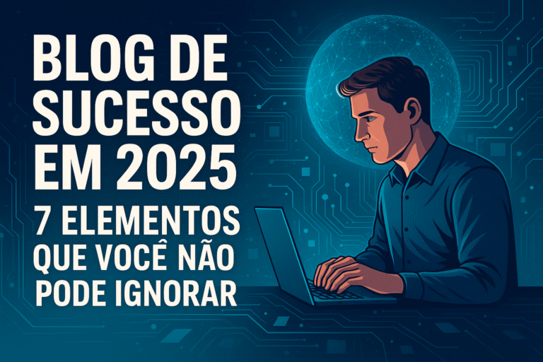 Homem jovem digitando em um notebook com fundo digital futurista azul, ao lado do título “Blog de sucesso em 2025 — 7 elementos que você não pode ignorar