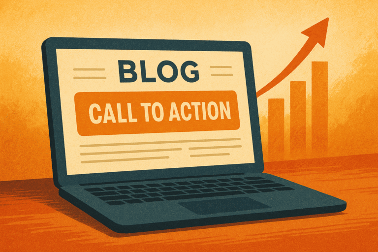 Ilustração de um laptop com um blog aberto e botão de call to action em destaque