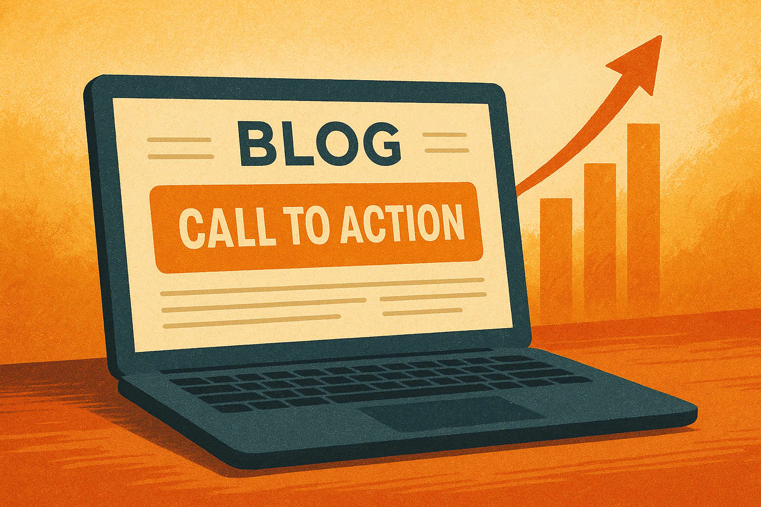Ilustração de um laptop com um blog aberto e botão de call to action em destaque
