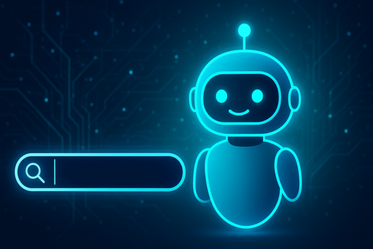 Ilustração digital de um robô conversando com uma interface de busca futurista, representando a nova era da busca com IA generativa.