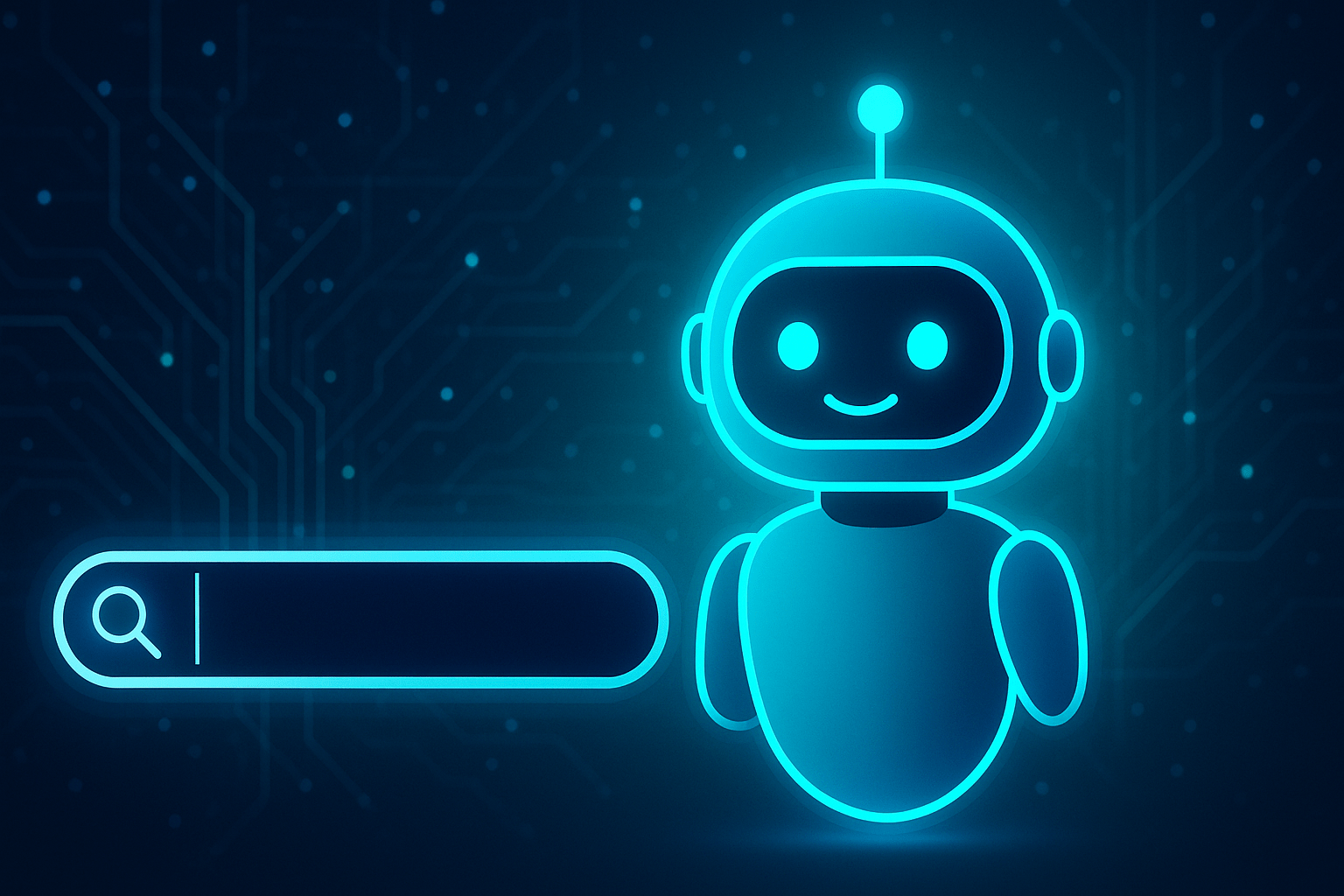 Ilustração digital de um robô conversando com uma interface de busca futurista, representando a nova era da busca com IA generativa.