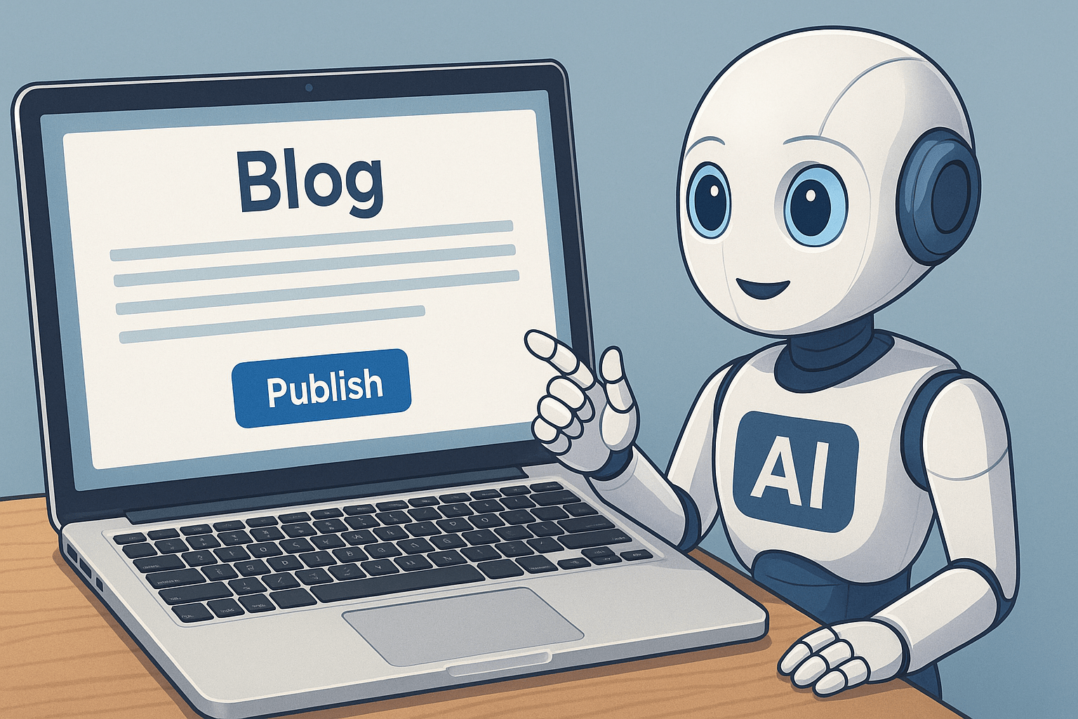 Robô de IA simpático apontando para um laptop com editor de blog aberto.