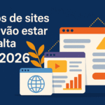 Ilustração digital com janelas de navegador estilizadas, gráficos de crescimento e elementos modernos representando tendências futuras de sites.