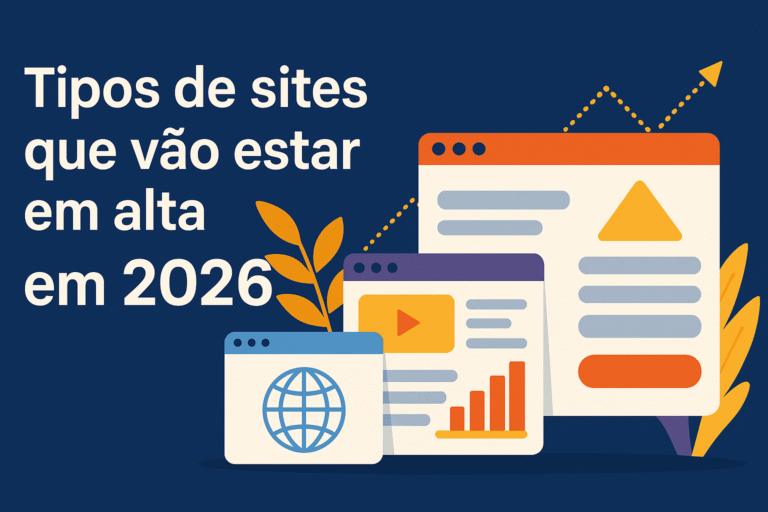 Ilustração digital com janelas de navegador estilizadas, gráficos de crescimento e elementos modernos representando tendências futuras de sites.