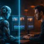 Inteligência artificial e editor humano editando vídeos lado a lado em ambientes contrastantes