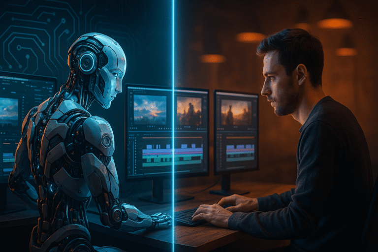 Inteligência artificial e editor humano editando vídeos lado a lado em ambientes contrastantes