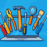 Ilustração digital colorida de ferramentas saindo de um laptop, simbolizando soluções online acessíveis.