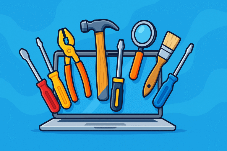 Ilustração digital colorida de ferramentas saindo de um laptop, simbolizando soluções online acessíveis.